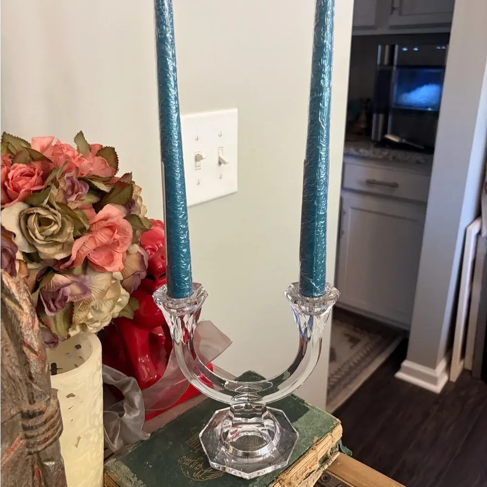 Vintage double arm glass Elegant Crystal Candle Holder with Blue Candles